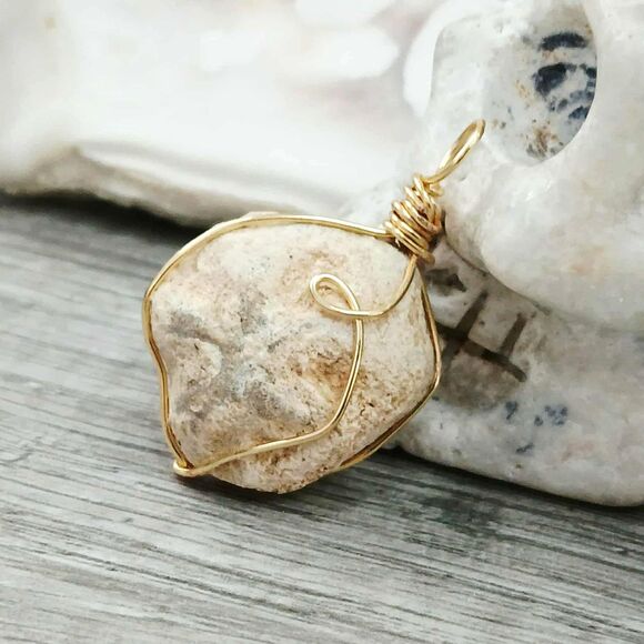 Fossil Pendant, Gold Wire Wrapped Stone Pendant, 1.5" - Picture 1 of 3